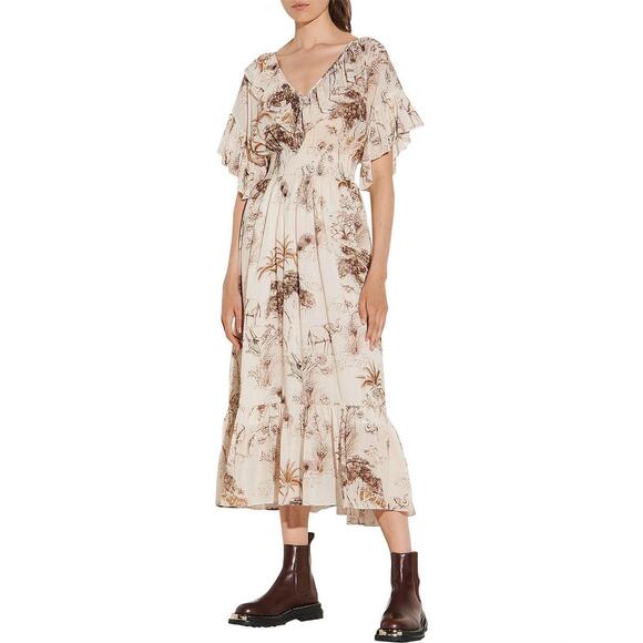 Sandro Marro Cream Ruffle Sleeve V-Neck Floral Print Midi Dress Size 2 - Picture 1 of 15